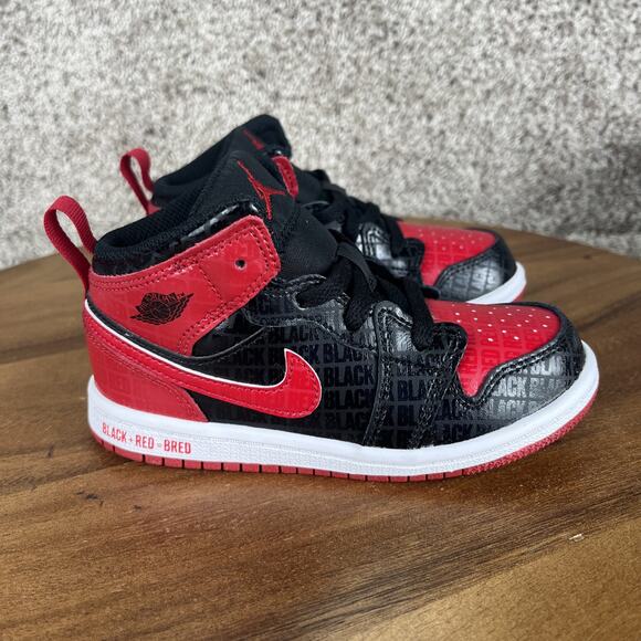New Air Jordan 1 Mid SS TD Bred Black Gym Red White Toddler Size 9c DM9649 001 - Picture 2 of 12